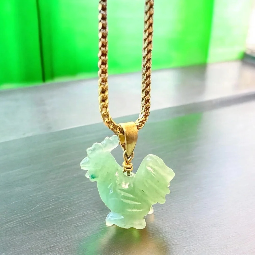Natural Jade Carved Rooster & Gold Over Sterling Chain (20”) - Picture 6 of 11